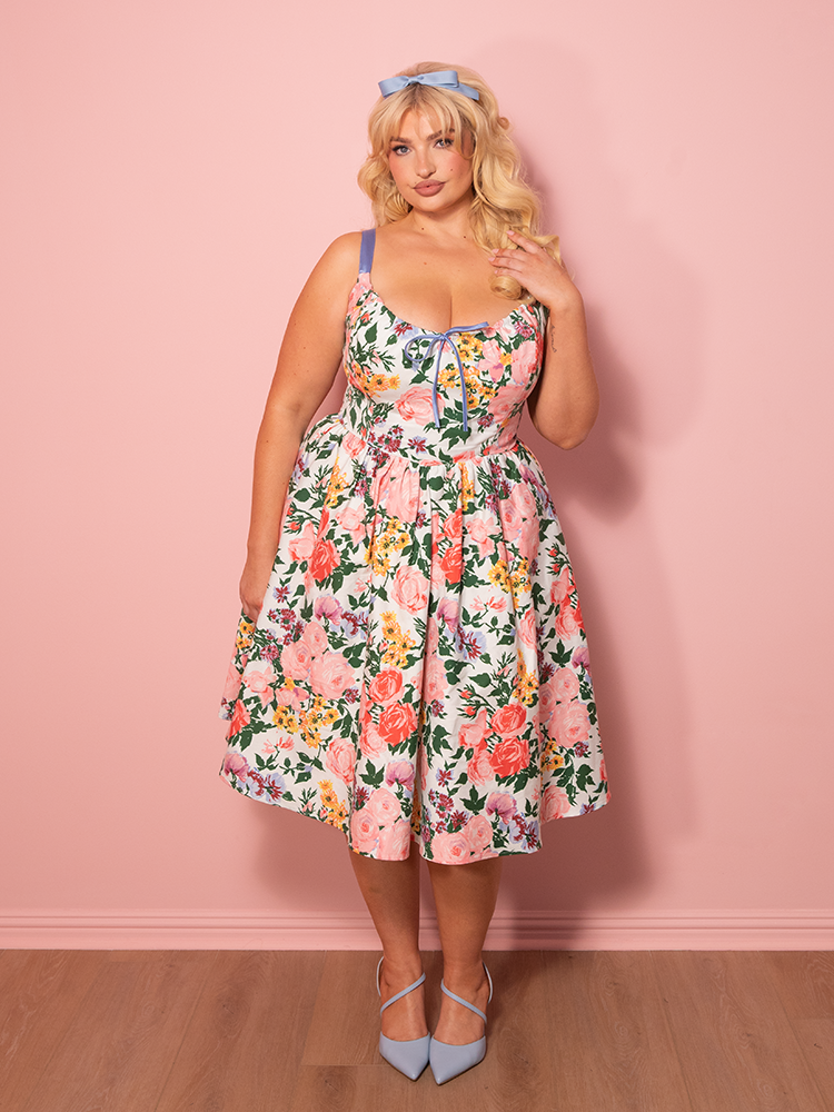 PRE-ORDER - Cottage Corset Dress in Vintage Garden Floral Print in White