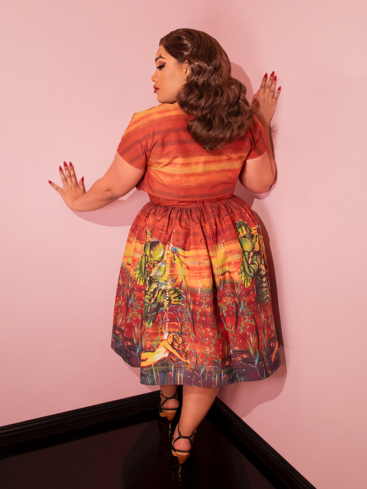 Universal Monsters: CREATURE FROM THE BLACK LAGOON™ Vintage Movie Poster Dress and Matching Bolero in Rust – Vixen by Micheline Pitt