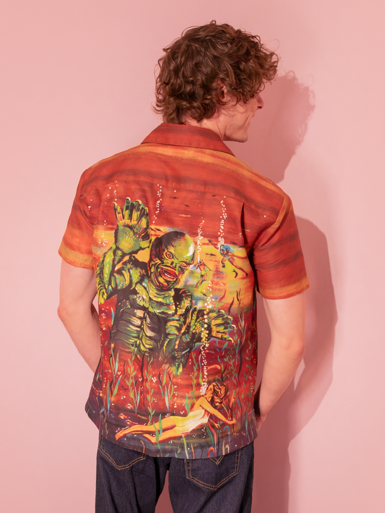 universal monsters hawaiian shirt Universal Monsters: CREATURE FROM THE BLACK LAGOON™ Tropical Terror Button Up in Brown (unisex) – Vixen by Micheline Pitt