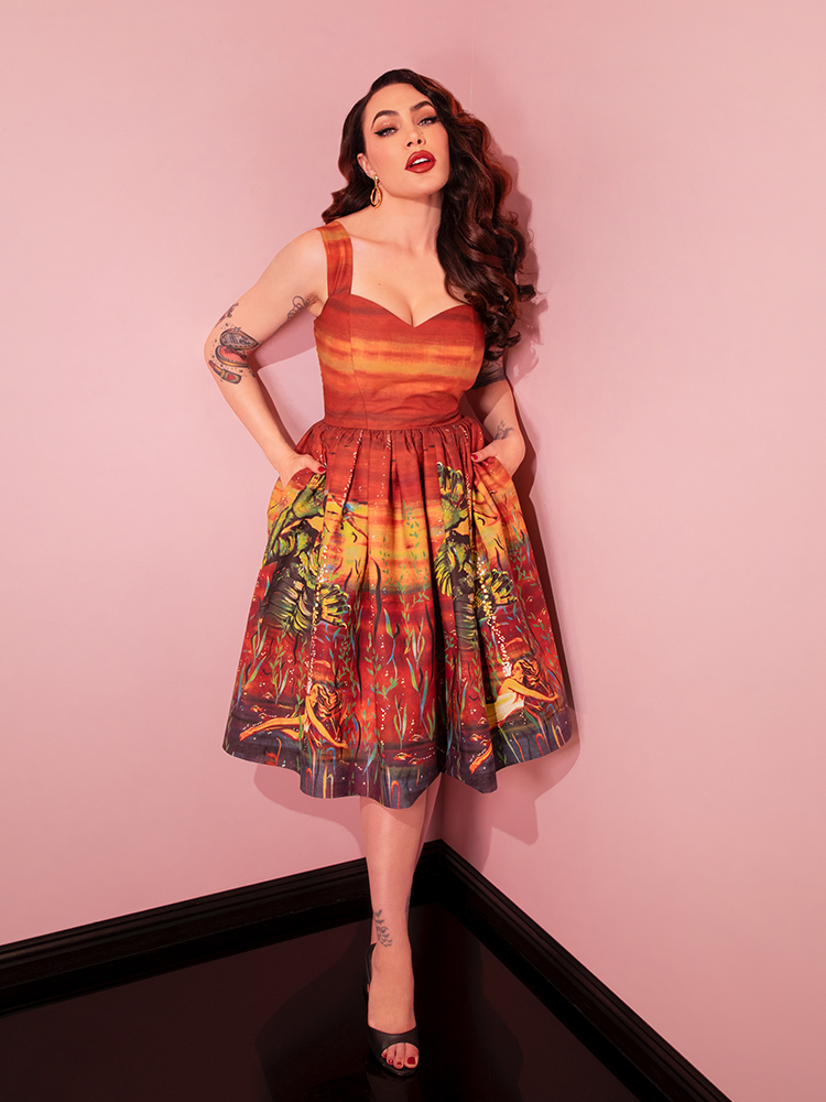 Universal Monsters: CREATURE FROM THE BLACK LAGOON™ Vintage Movie Poster Dress and Matching Bolero in Rust – Vixen by Micheline Pitt