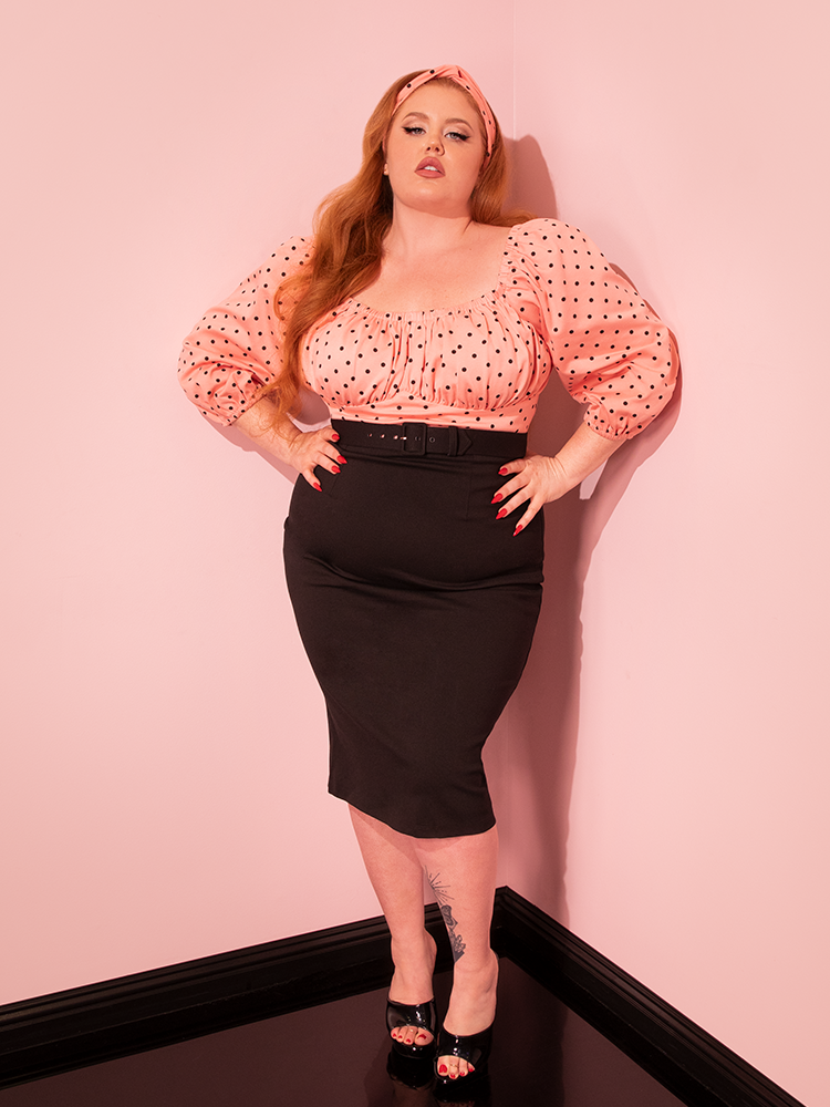 Daydream Wiggle Dress in Peach Pink Polka Dot - Vixen by Micheline Pitt