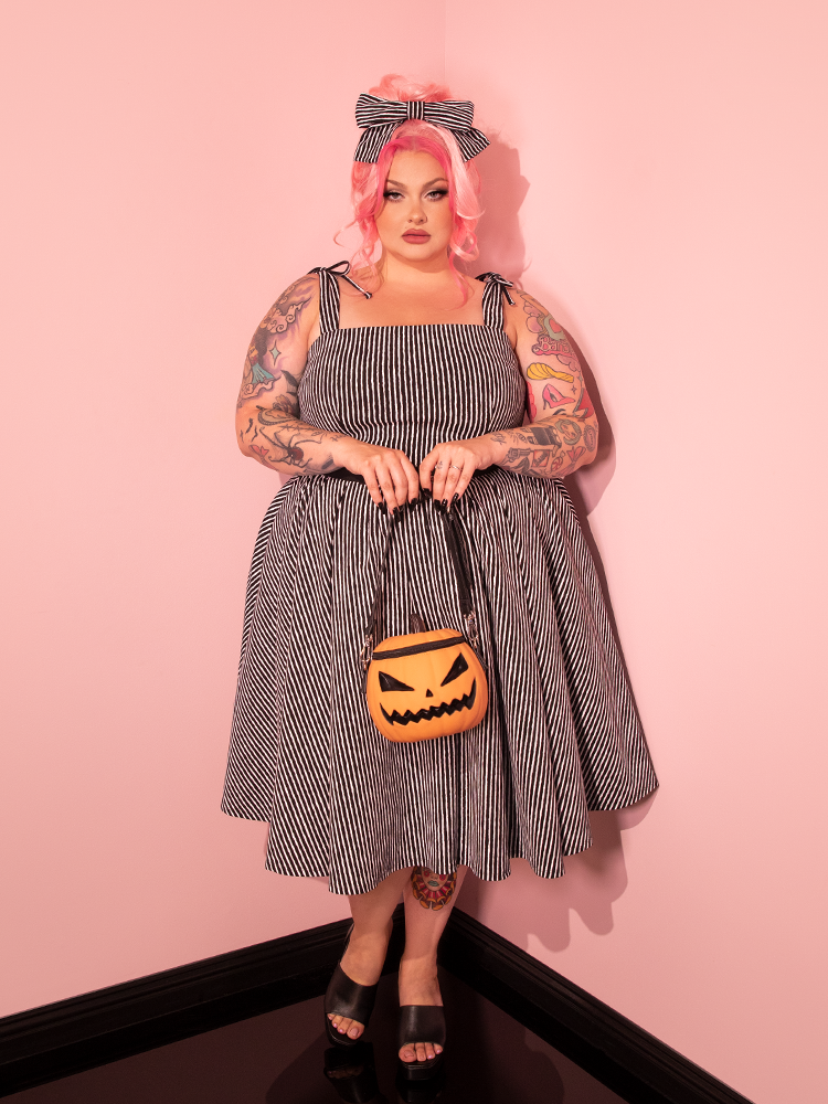 Dream House Swing Dress and Matching Hair Bow in Halloween Thin Black and White Stripes - Vixen by Micheline Pitt