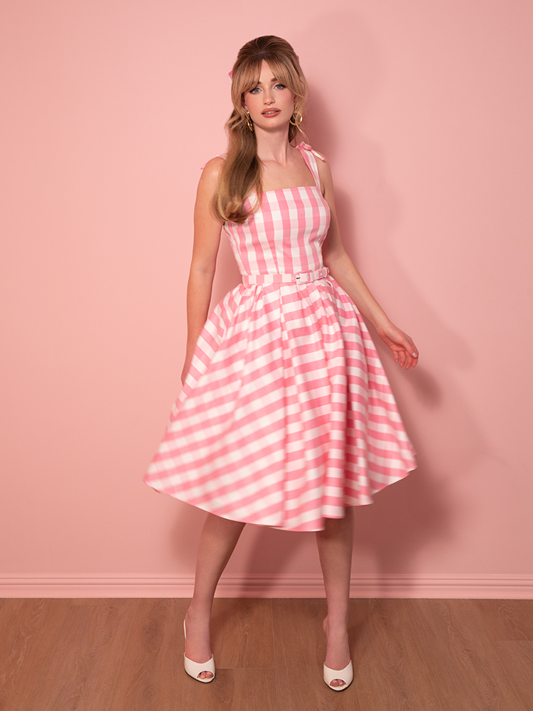 Dream-House Swing Dress and Matching Bow in Pink Gingham - Vixen by Micheline Pitt