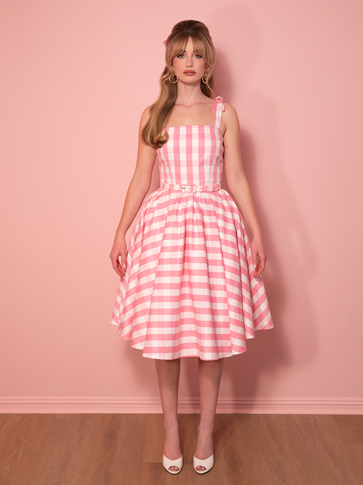 Dream-House Swing Dress and Matching Bow in Pink Gingham - Vixen by Micheline Pitt