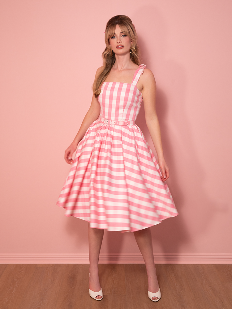 Dream-House Swing Dress and Matching Bow in Pink Gingham - Vixen by Micheline Pitt