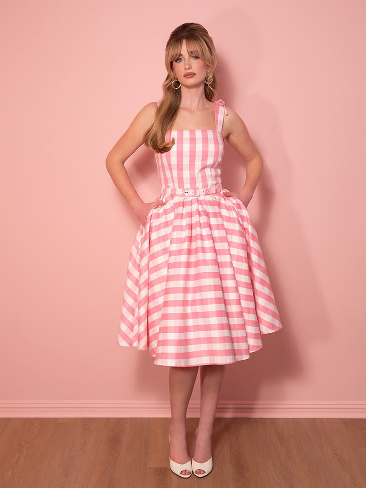 Dream-House Swing Dress and Matching Bow in Pink Gingham - Vixen by Micheline Pitt