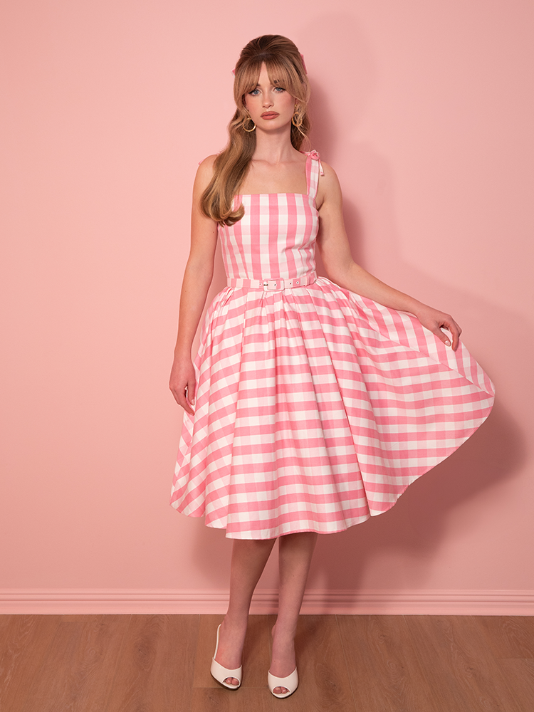 Dream-House Swing Dress and Matching Bow in Pink Gingham - Vixen by Micheline Pitt