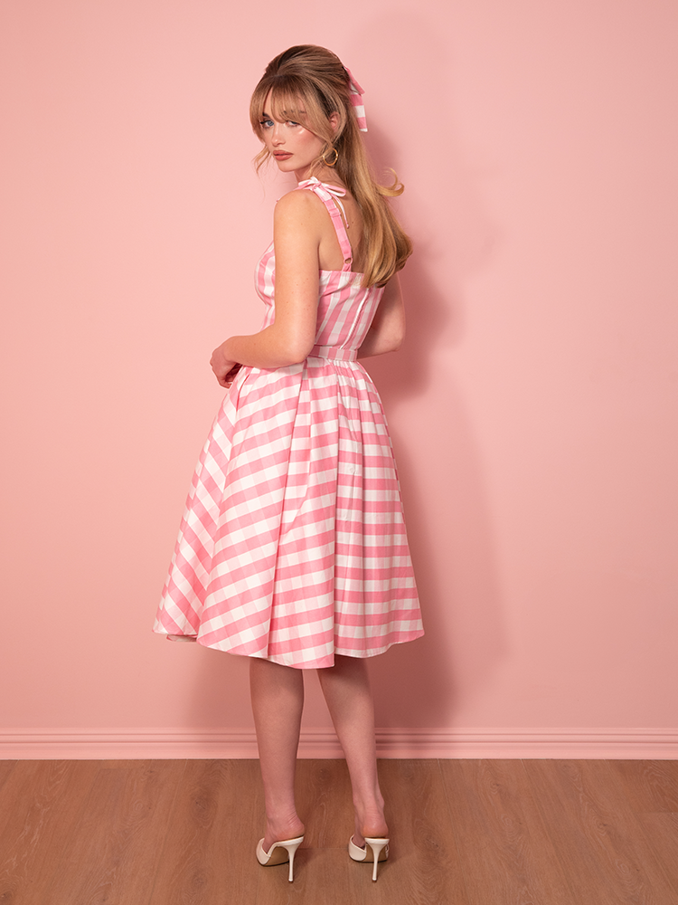 Dream-House Swing Dress and Matching Bow in Pink Gingham - Vixen by Micheline Pitt