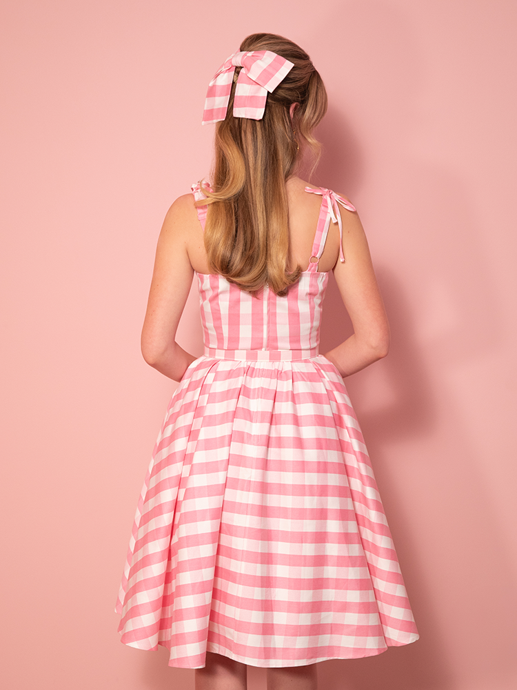 Dream-House Swing Dress and Matching Bow in Pink Gingham - Vixen by Micheline Pitt
