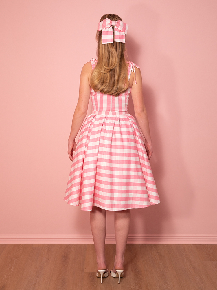 Dream-House Swing Dress and Matching Bow in Pink Gingham - Vixen by Micheline Pitt