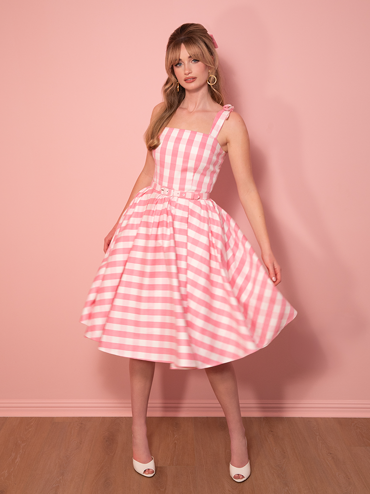 Dream-House Swing Dress and Matching Bow in Pink Gingham - Vixen by Micheline Pitt