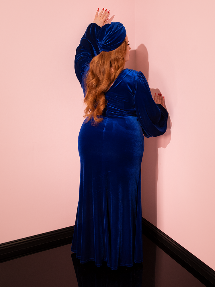 Film Noir Gown and Turbanette in Blue Velvet - Vixen by Micheline Pitt