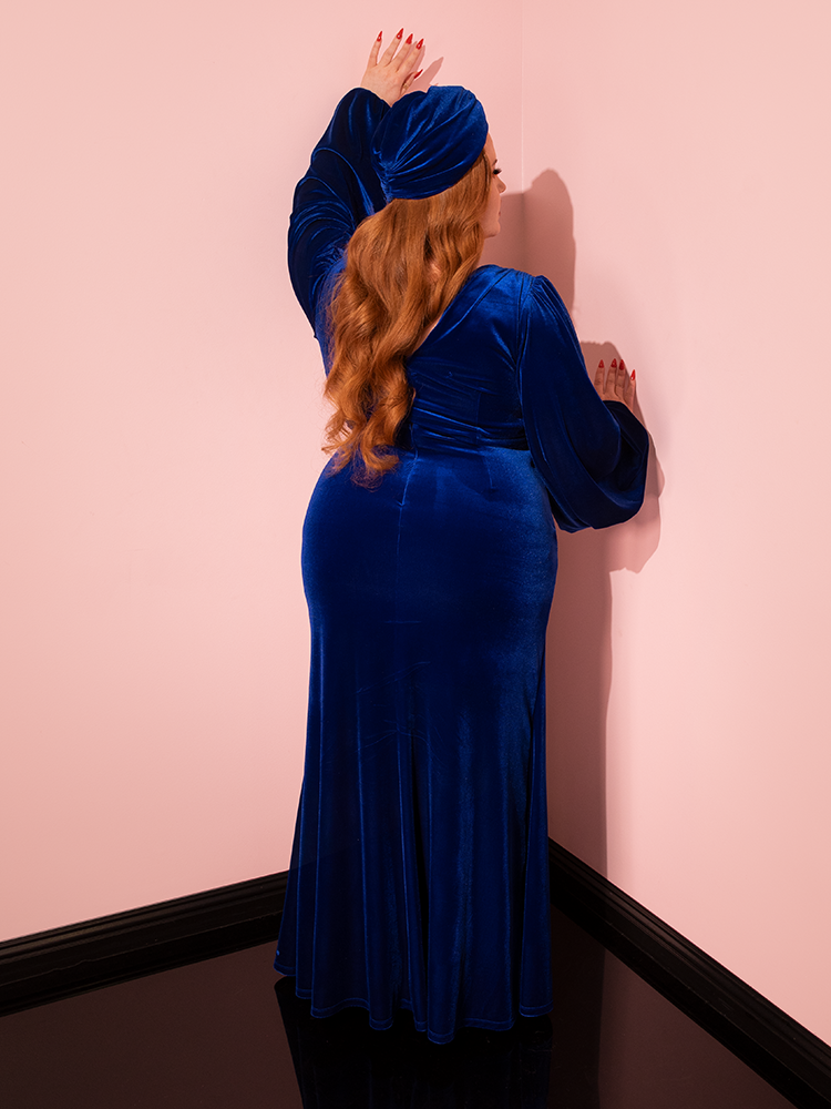 Film Noir Gown and Turbanette in Blue Velvet | Retro Style Dresses Vixen by Micheline Pitt Film Noir Gown and Turbanette in Blue Velvet | Retro Style Dresses Vixen by Micheline Pitt