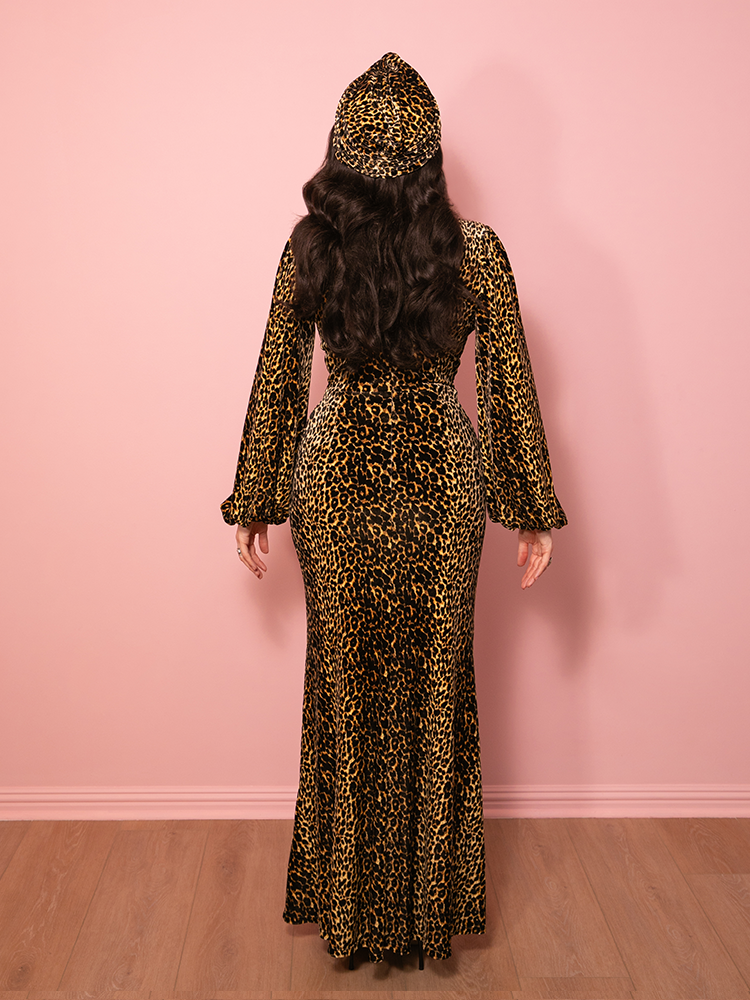 PRE-ORDER - Film Noir Gown and Turbanette in Leopard Velvet - Vixen by Micheline Pitt