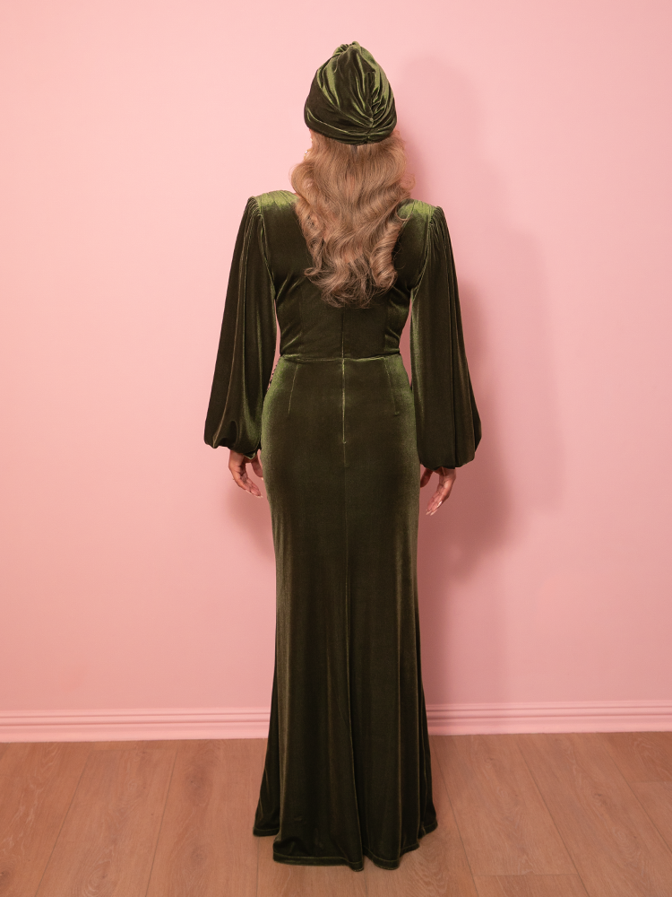 PRE-ORDER - Film Noir Gown and Turbanette in Olive Green Velvet - Vixen by Micheline Pitt
