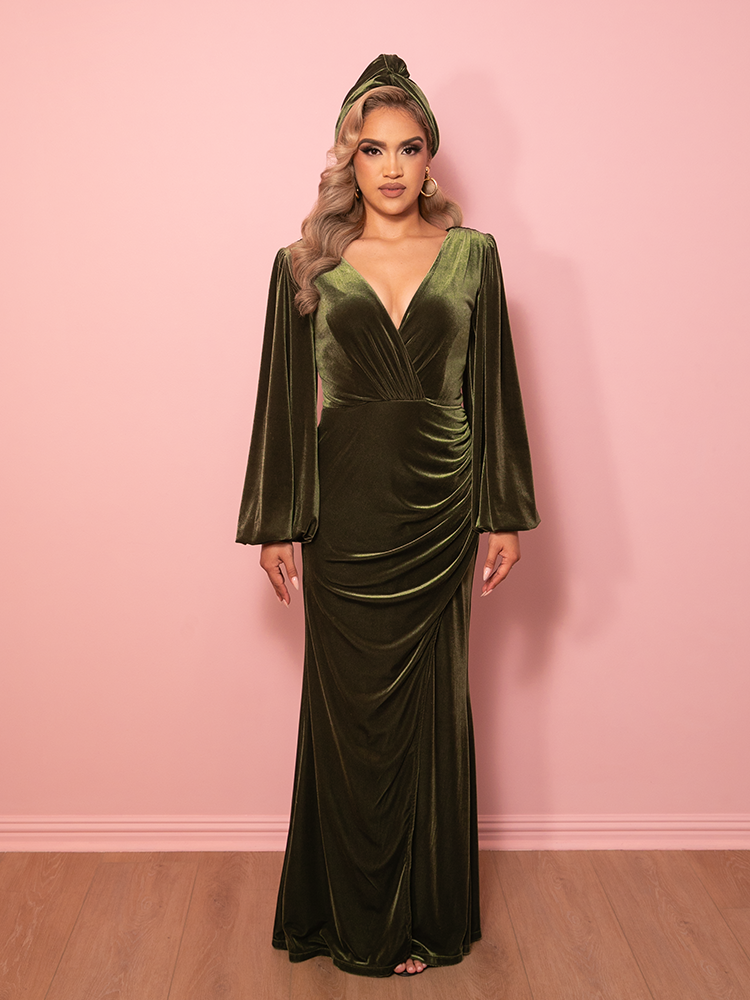 PRE-ORDER - Film Noir Gown and Turbanette in Olive Green Velvet - Vixen by Micheline Pitt
