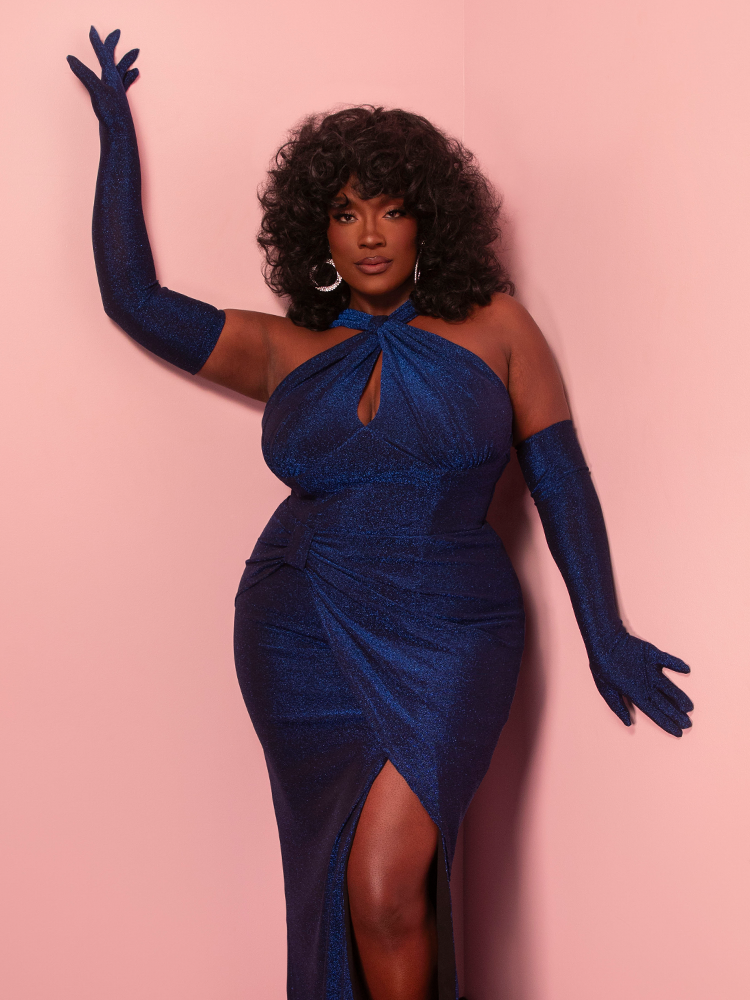 Golden Era Gown in Midnight Blue Sparkle | Vintage Inspired Dress Vixen by Micheline Pitt Golden Era Gown in Midnight Blue Sparkle | Vintage Inspired Dress Vixen by Micheline Pitt