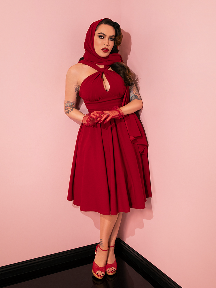 Golden Era Swing Dress and Scarf in Ruby Red - Vixen by Micheline Pitt