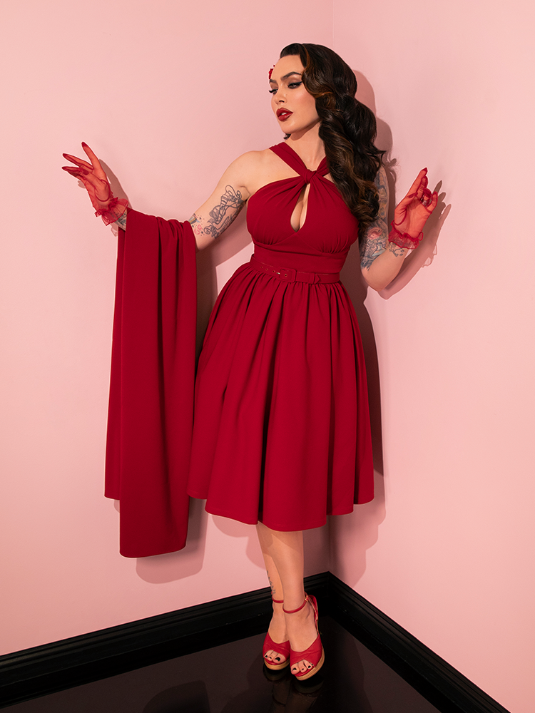 Golden Era Swing Dress and Scarf in Ruby Red - Vixen by Micheline Pitt