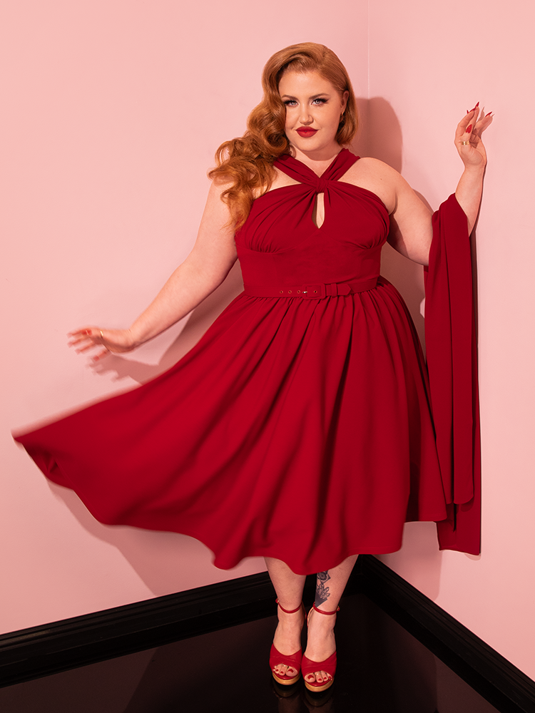 Golden Era Swing Dress and Scarf in Ruby Red Vixen by Micheline Pitt