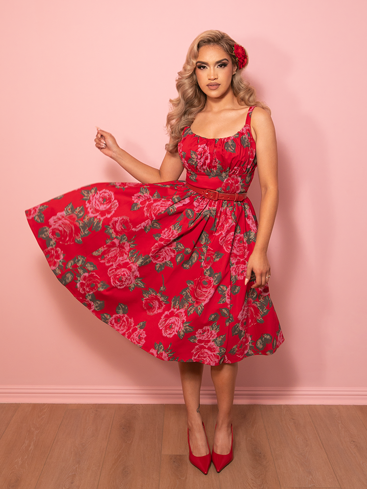 PRE-ORDER - Ingenue Swing Dress in Vintage Red Rose Print - Vixen by Micheline Pitt
