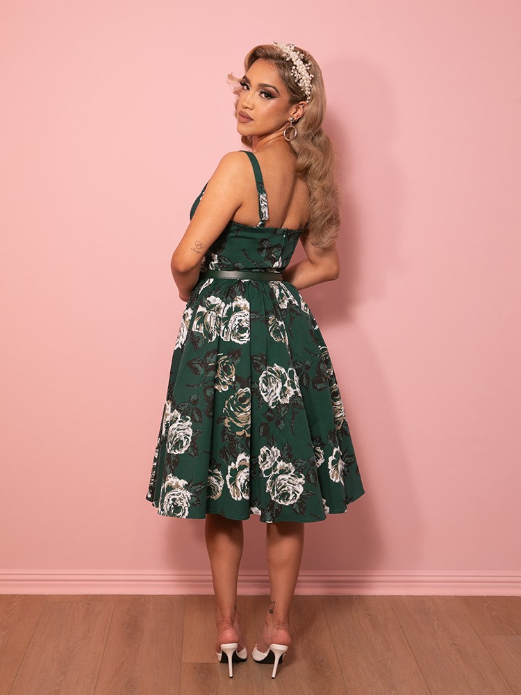 PRE-ORDER - Ingenue Swing Dress in Vintage Green Rose Print - Vixen by Micheline Pitt