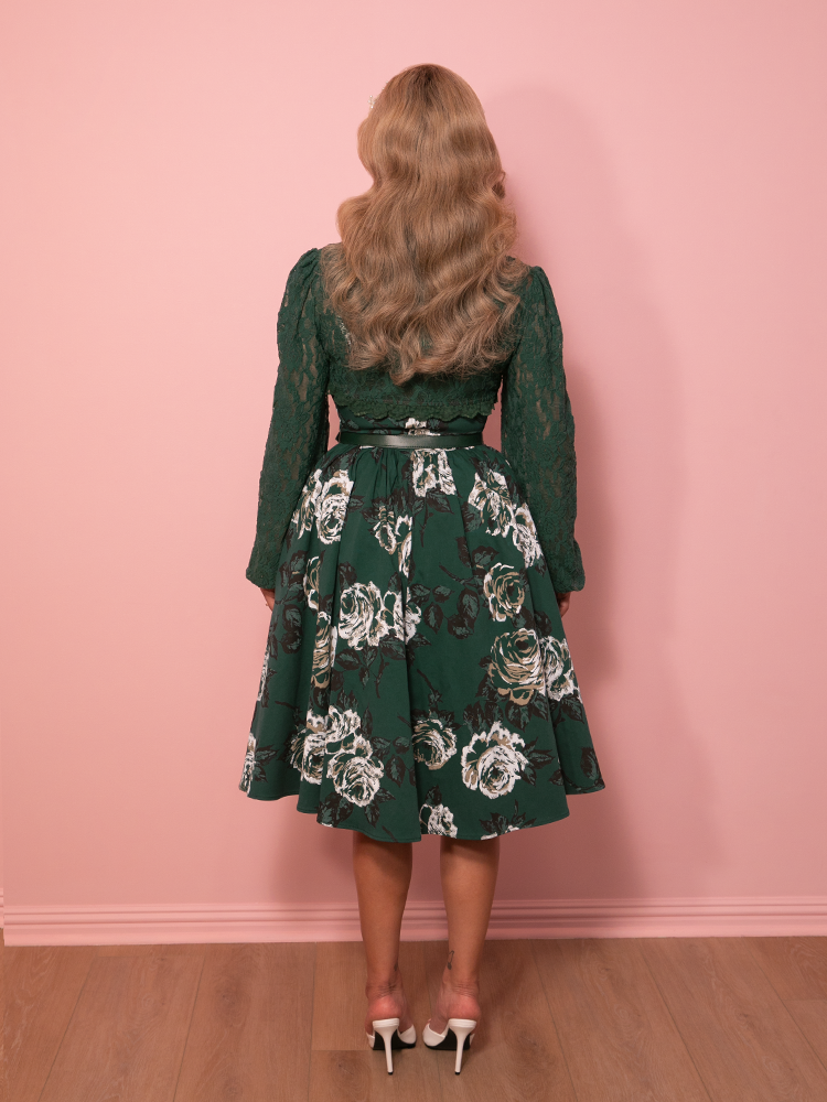 Ingenue Swing Dress in Vintage Green Rose Print - Vixen by Micheline Pitt S Ingenue Swing Dress in Vintage Green Rose Print - Vixen by Micheline Pitt S