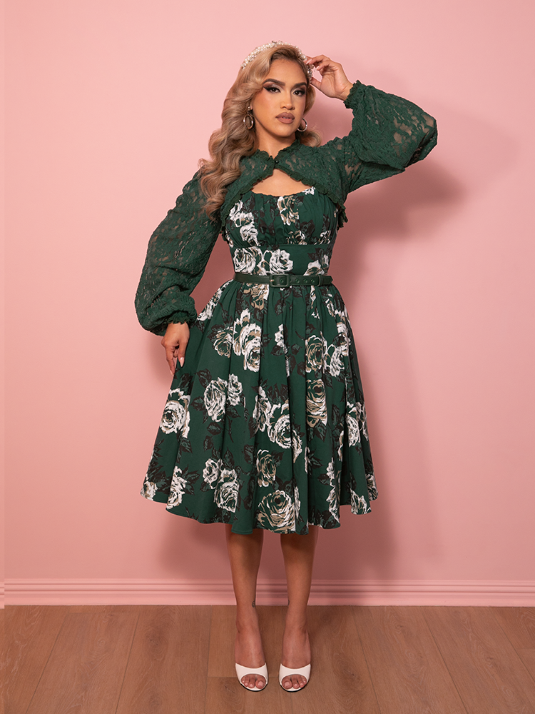 PRE-ORDER - Ingenue Swing Dress in Vintage Green Rose Print - Vixen by Micheline Pitt