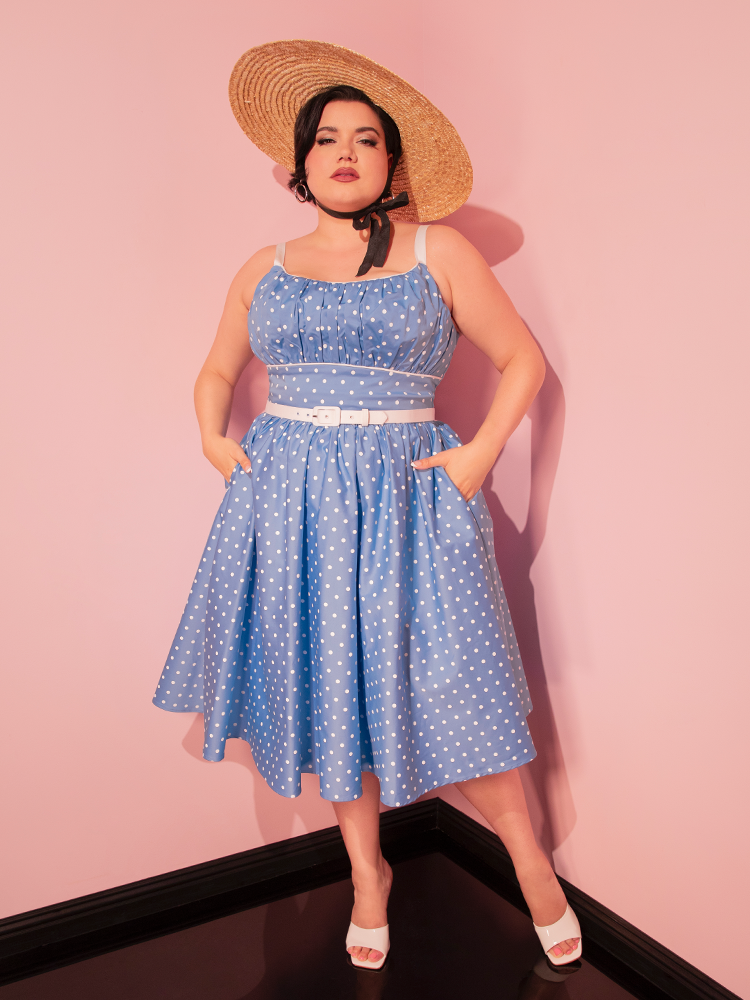 PRE-ORDER - Ingenue Dress in Light Blue w/White Polka Dots - Vixen by Micheline Pitt XL PRE-ORDER - Ingenue Dress in Light Blue w/White Polka Dots - Vixen by Micheline Pitt XL