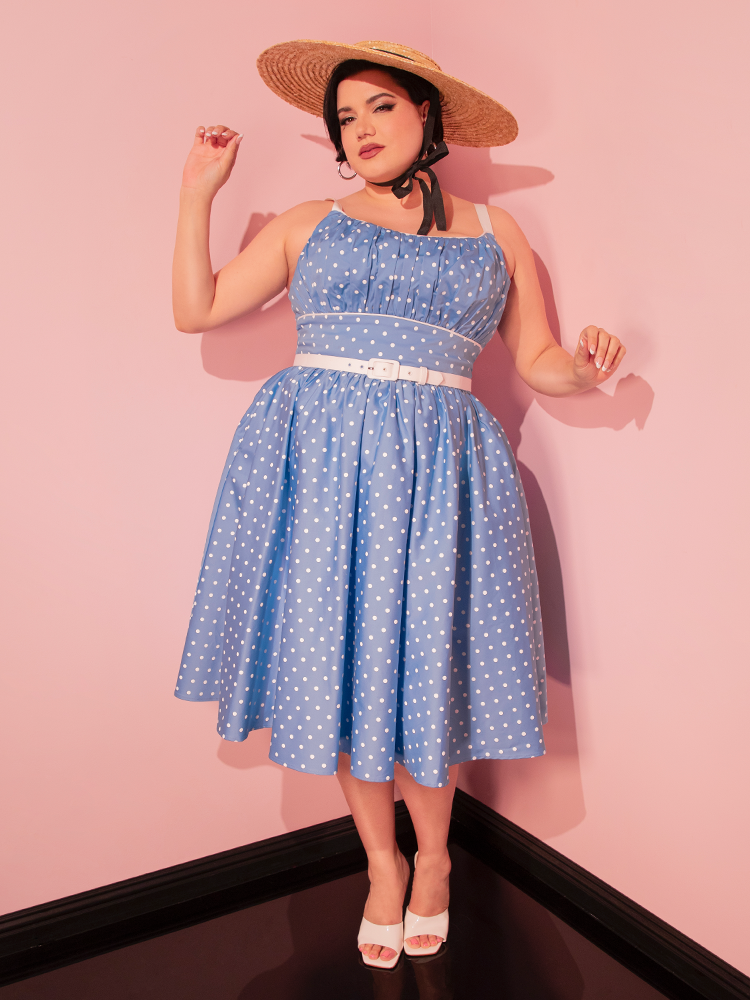 PRE-ORDER - Ingenue Dress in Light Blue w/White Polka Dots - Vixen by Micheline Pitt XL PRE-ORDER - Ingenue Dress in Light Blue w/White Polka Dots - Vixen by Micheline Pitt XL