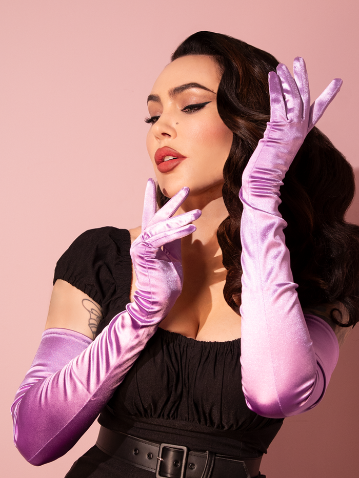 Full-Length Opera Gloves in Purple Satin