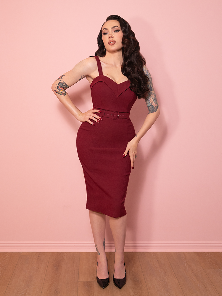 NEW FIT - Maneater Wiggle Dress in Burgundy - Vixen by Micheline Pitt