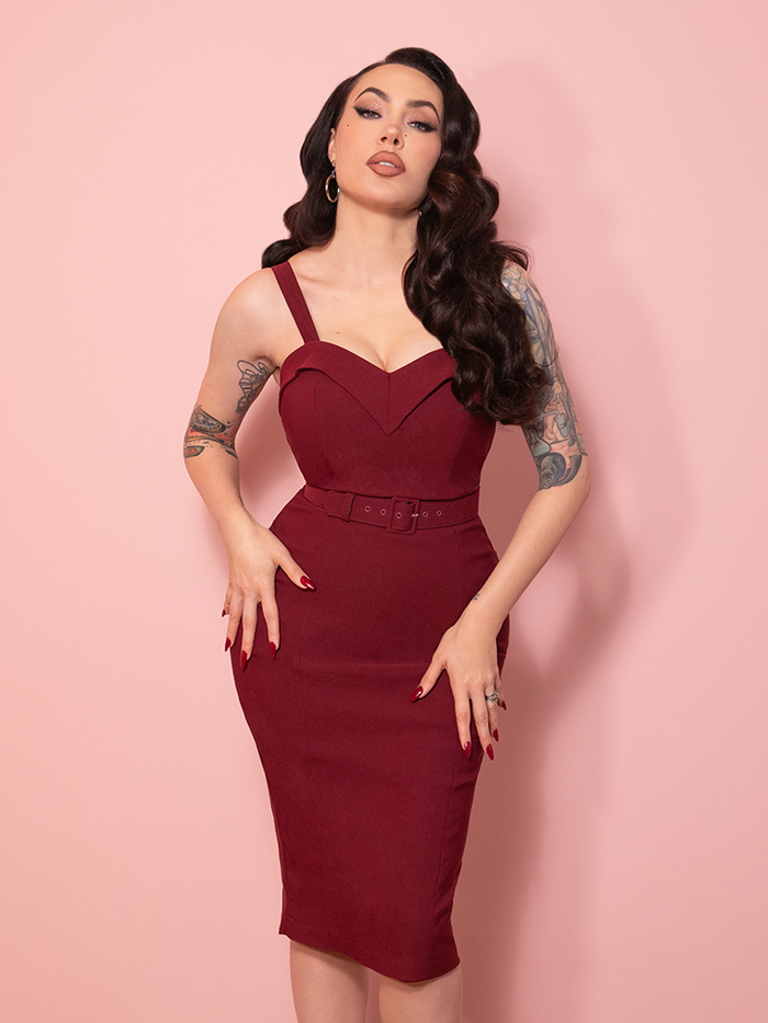 NEW FIT - Maneater Wiggle Dress in Burgundy - Vixen by Micheline Pitt