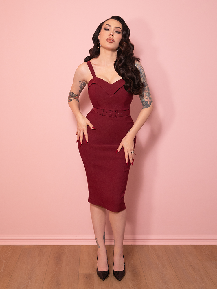 NEW FIT - Maneater Wiggle Dress in Burgundy - Vixen by Micheline Pitt