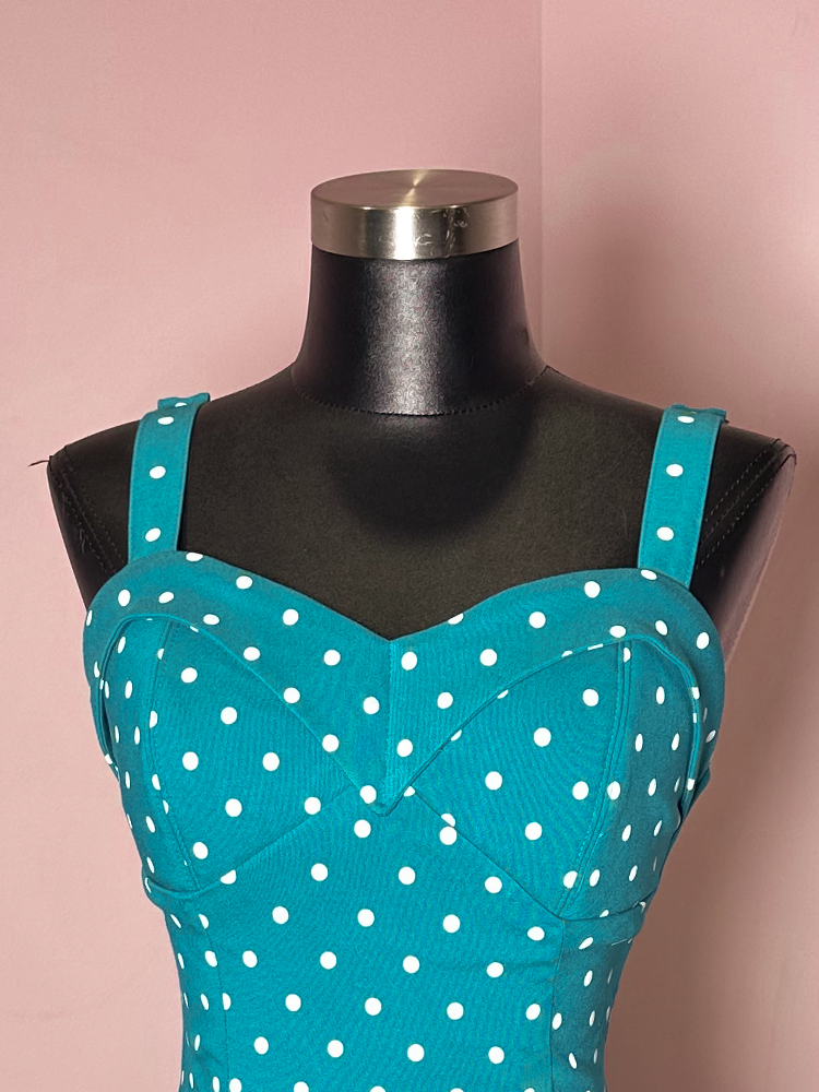 PRE-ORDER - New FIT - Maneater Swing Dress in Teal Blue Polka Dot - Vixen by Micheline Pitt 5X PRE-ORDER - New FIT - Maneater Swing Dress in Teal Blue Polka Dot - Vixen by Micheline Pitt 5X