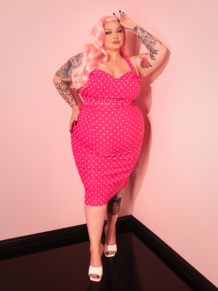 Rockabilly Pencil Pink Polka Dot Sheath Dress Pre-Order New Fit Maneater Wiggle Dress In Hot Rockabilly Pencil Pink Polka Dot Sheath Dress Pre-Order New Fit Maneater Wiggle Dress In Hot