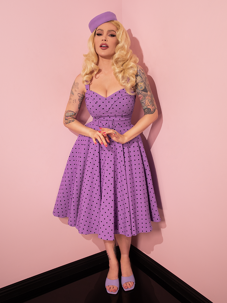 purple dress with polka dots Annie Retro Polka Dot Dress in Purple/Black