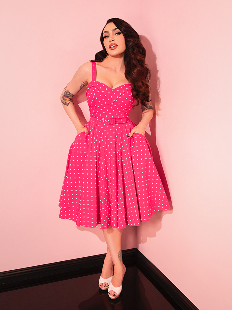 Maneater Swing Dress in Polka Dot Hot Pink Bengaline | Vintage Maneater Swing Dress in Polka Dot Hot Pink Bengaline | Vintage