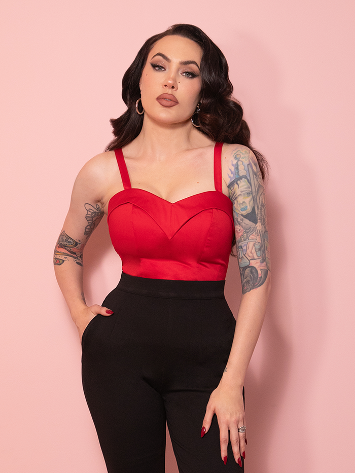 Vintage-inspired red Maneater top with a sweetheart neckline and structured bust for a glamorous, old-Hollywood look.