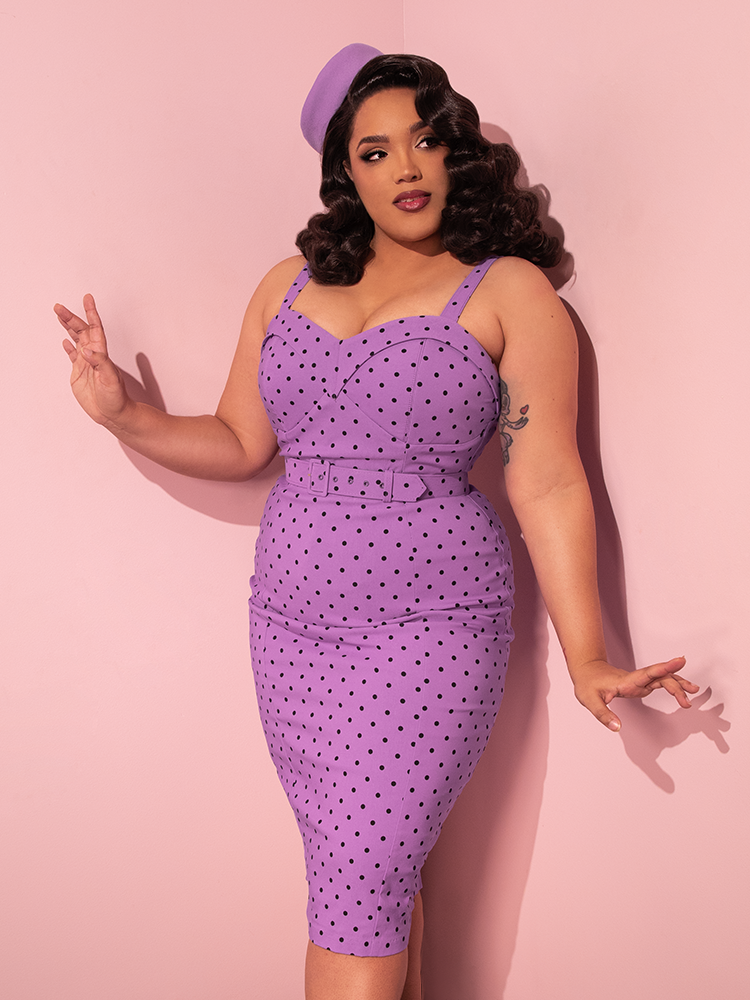 Pre-Order - New Fit - Maneater Wiggle Dress in Sunset Purple Polka Dot - Vixen by Micheline Pitt Xs Pre-Order - New Fit - Maneater Wiggle Dress in Sunset Purple Polka Dot - Vixen by Micheline Pitt Xs