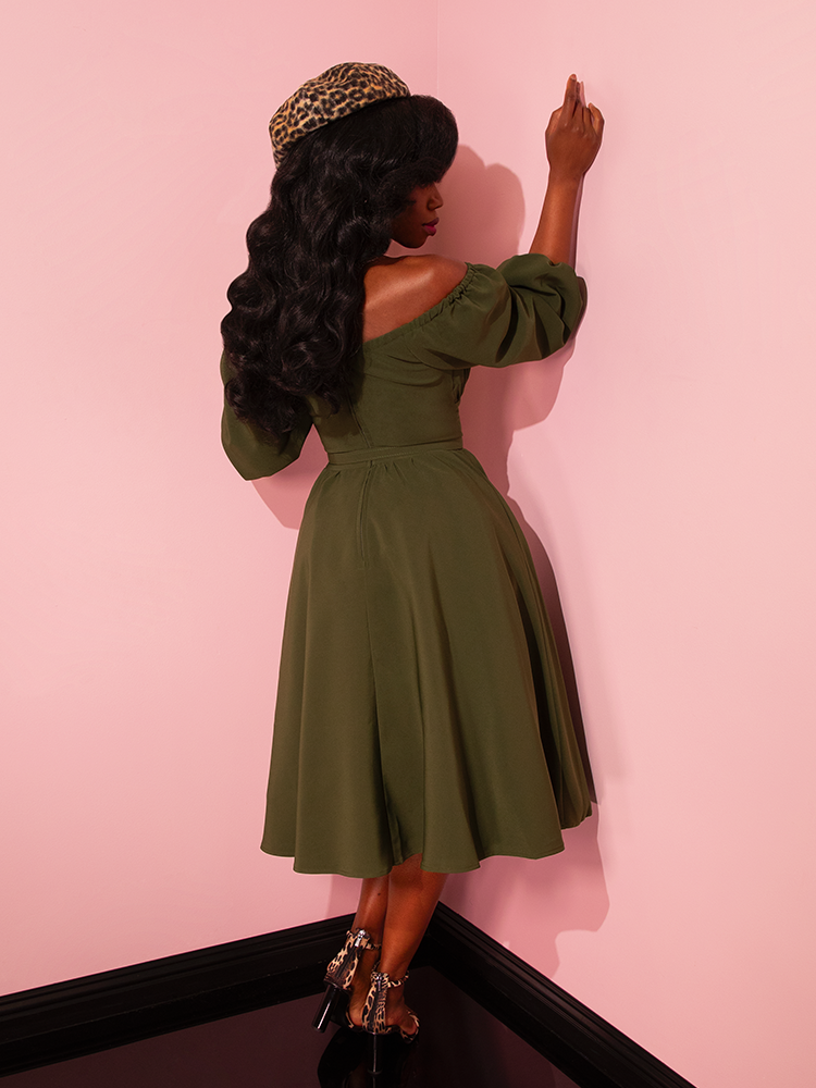 Film Noir Gown and Turbanette in Olive Green Velvet - Vixen by Micheline Pitt