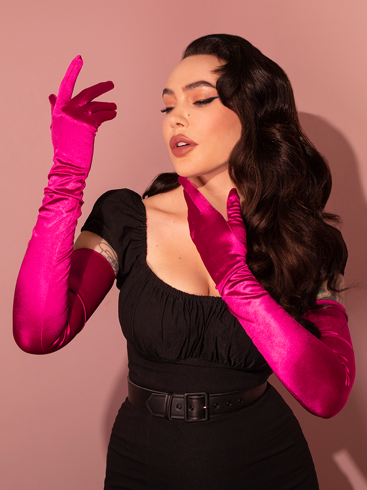 Full-Length Opera Gloves in Hot Pink Satin