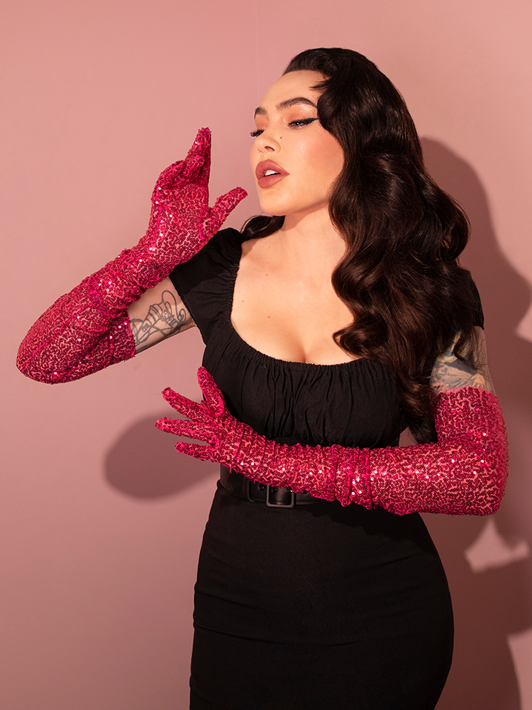 Full-Length Opera Gloves in Hot Pink Sequins