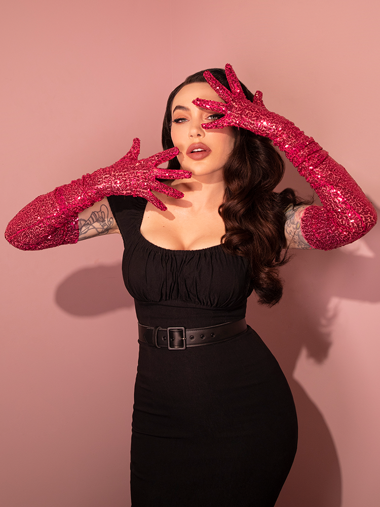 Full-Length Opera Gloves in Hot Pink Sequins