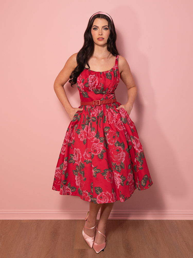 PRE-ORDER - Ingenue Swing Dress in Vintage Red Rose Print - Vixen by Micheline Pitt