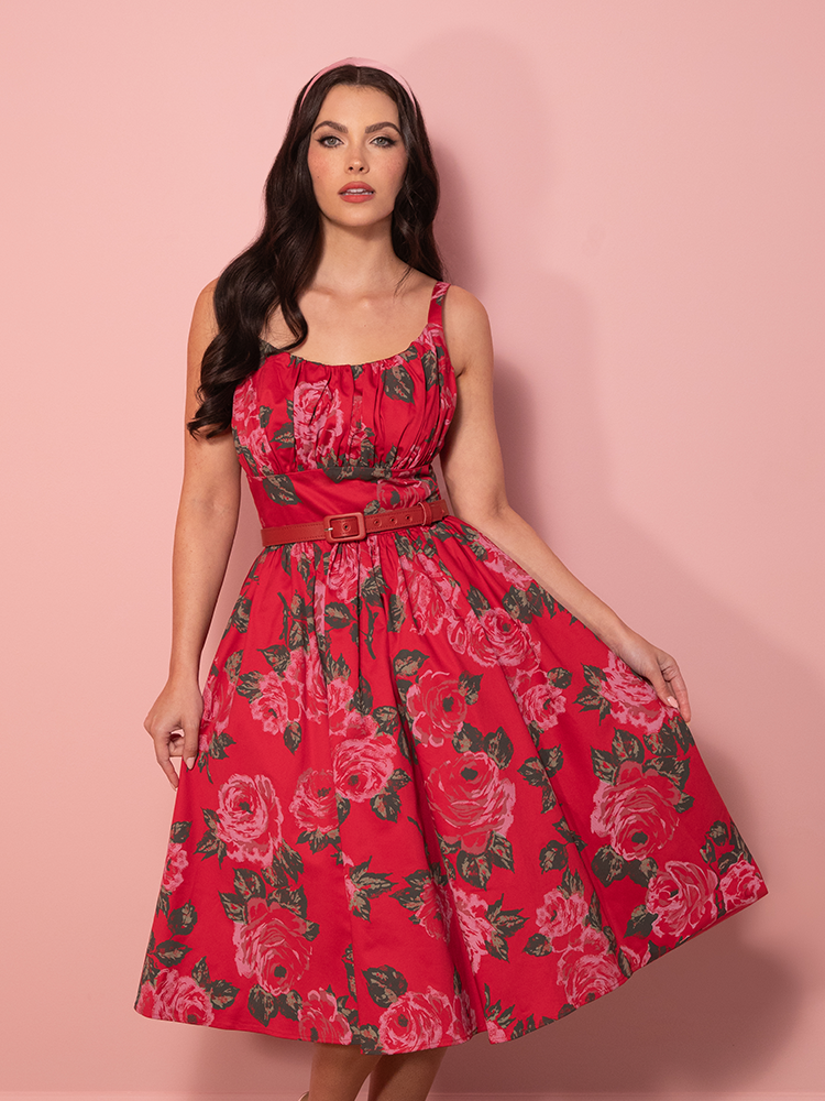 PRE-ORDER - Ingenue Swing Dress in Vintage Red Rose Print - Vixen by Micheline Pitt