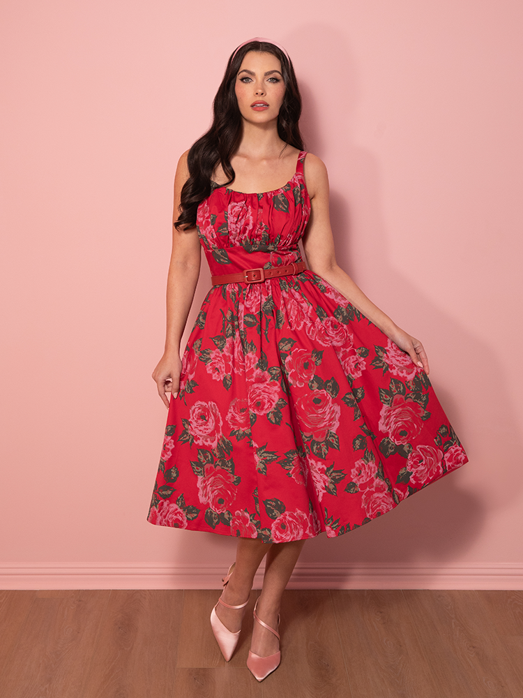 PRE-ORDER - Ingenue Swing Dress in Vintage Red Rose Print - Vixen by Micheline Pitt