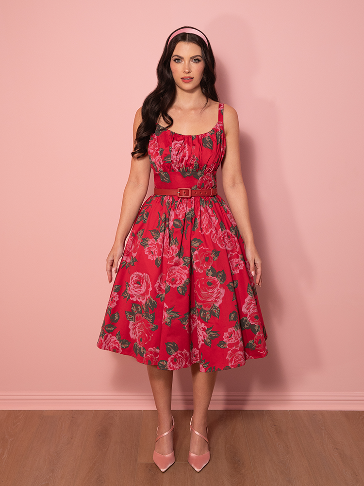 PRE-ORDER - Ingenue Swing Dress in Vintage Red Rose Print - Vixen by Micheline Pitt