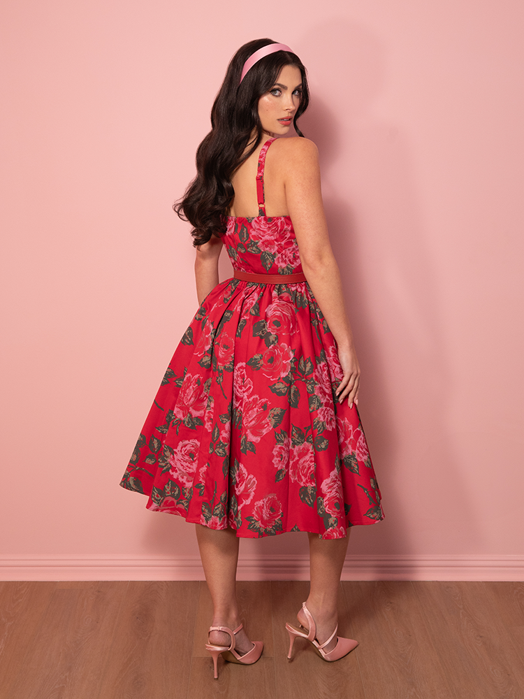 PRE-ORDER - Ingenue Swing Dress in Vintage Red Rose Print - Vixen by Micheline Pitt