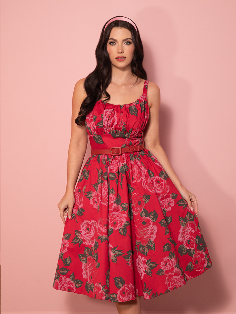 PRE-ORDER - Ingenue Swing Dress in Vintage Red Rose Print - Vixen by Micheline Pitt